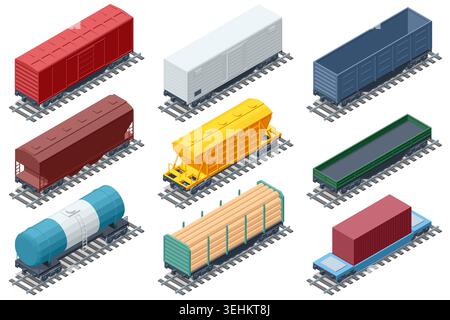 Isometric set of railway freight wagons. Tanker, hopper, boxcar for diverse industrial logistics commercial transport. Railway train wagon, locomotive Stock Vector