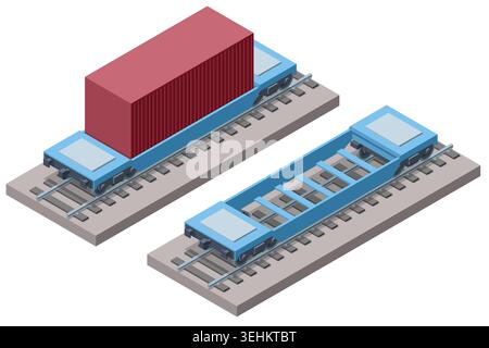 Isometric container flatcar shown empty and with a red cargo box. This rail vehicle illustrates intermodal transport, global shipping logistics, and Stock Vector