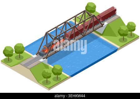Freight train crossing an isometric steel bridge over a river. This scene illustrates infrastructure, civil engineering, landscape logistics, and Stock Vector