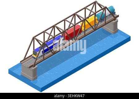 Freight train crossing an isometric steel bridge over a river. This scene illustrates infrastructure, civil engineering, landscape logistics, and Stock Vector