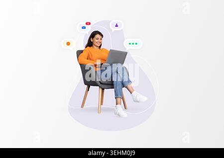 Woman Using Laptop in a Chair With Chat Bubbles Around Her During Daytime Indoors Stock Photo