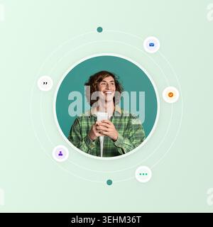 Young Man Smiles While Holding a Phone and Engaging With Digital Elements on a Green Background Stock Photo