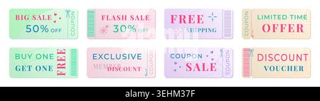 Discount offer coupon color set. Light gradient sale tickets and gift vouchers. Promotion label templates, vector marketing banners with cutting lines Stock Vector