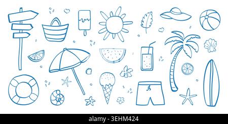 Hand drawn summer vacation doodle illustration set. Cute beach icon elements with palm tree, fruit, ice cream, umbrella, shell, cocktail. Stock Vector