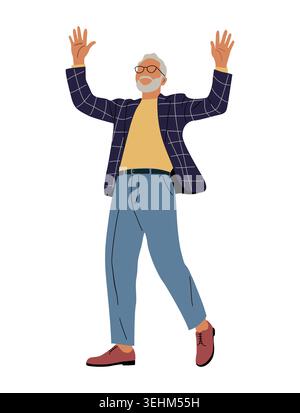 Happy senior man raises hands in joy. Stock Vector