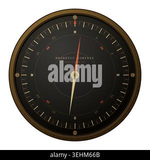 World War II airplane magnetic compass with brass housing and cardinal direction markings. Vintage military navigation instrument dial face with degre Stock Vector