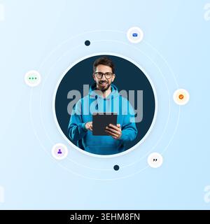 Young Man Using a Tablet While Interacting With Digital Icons in a Modern Setting Stock Photo