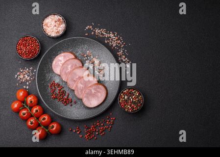 Sliced ham, meat, pork or turkey sausage for sandwiches. Ham slices, food, background for your design Stock Photo