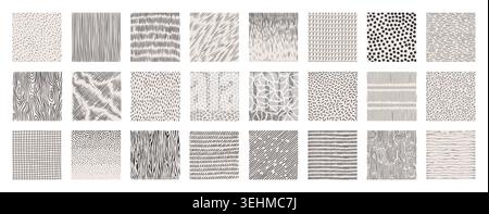 Sketch pattern set. Hatch lattice and wood line texture, crosshatch stripe shading or blueprint pencil dot scratch. Doodle drawing dots and curves. Repeat minimal ornament. Vector scribble background Stock Vector
