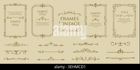 Luxury frame. Gorgeous line design for elegant retro card, simple border or vintage invitation. Borders and dividers for books design. Graphic outline flourish filigree elements. Vector isolated set Stock Vector