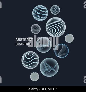 3d abstract circle line. Background design with flying balls, floated spheres with different geometric patterns. Social media post template. Balloon and bubbles, vector isolated minimal illustration Stock Vector