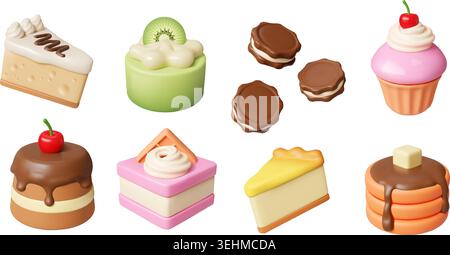 3d birthday cake. Dessert, candy or ice cream icon, cherry party cupcake piece. Realistic pink macaroon with strawberry. Confectionery assortment and pastry cute menu. Vector cartoon isolated set Stock Vector