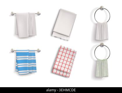 3d Tablecloth. 3d table top view of white fabric cloth. Napkin kitchen handkerchief pattern with realistic elements. Checkered striped linen cotton hanging clothing. Vector isolated png illustration Stock Vector