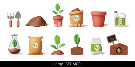 3d fertilizer icon. Agriculture soil compost, plant root pile or land shovel for dry waste, seedlings, leaves in pots. Dirt grow analysis, farming cultivation supplies vector cute cartoon isolated set Stock Vector