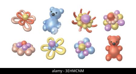 3d birthday balloons. Happy animal bear and cute flowers compositions, love and art festive elements for fun party. Pastel colors helium spheres celebration decoration. Vector render isolated elements Stock Vector