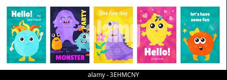 Kid package. Monster card or cute cover template, school baby nursery poster. Child play pattern, fun party art. Friendly fantasy mascot. Vector print design, cartoon flat style isolated illustration Stock Vector