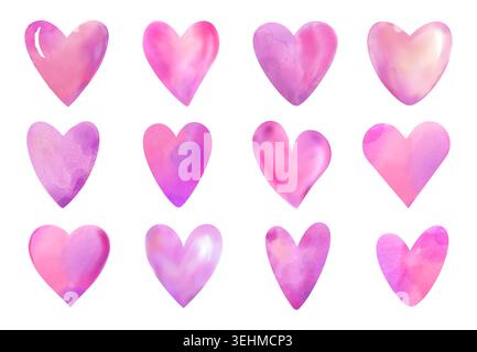 Watercolor hearts. Valentine day water color paint, red or pink logo colour. Artistic hand brush shade. Romantic icons, paintbrush hand drawn shapes. Wedding decorative graphic. Vector isolated set Stock Vector