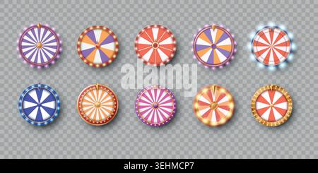 Wheel spin. 3d fortune roulette, casino lottery win, lucky game texture. Light circle rotation object with lights, slot machine realistic icons. Vector isolated on transparent background illustration Stock Vector