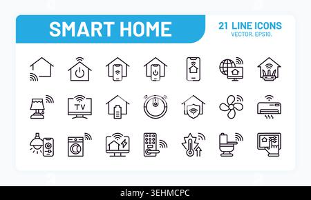 Smart home icons set. Wifi house automation by internet phone system, network remote graphic wireless control socket and door. Smartphone minimal app logo. Application pictogram vector isolated design Stock Vector