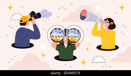 Binocular in hand. Eye look and observe, view focus in glasses, man or woman hold lens, curious business future. Funny spy. Perspective and opportunity. Vector cartoon flat style isolated illustration Stock Vector