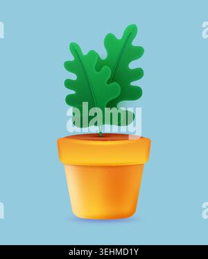 Potted green plant. Minimal 3D element, stylized houseplant foliage in ceramic pot, indoor greenery, home decor, simple botanical ecology design. Render elements. Vector isolated minimal illustration Stock Vector