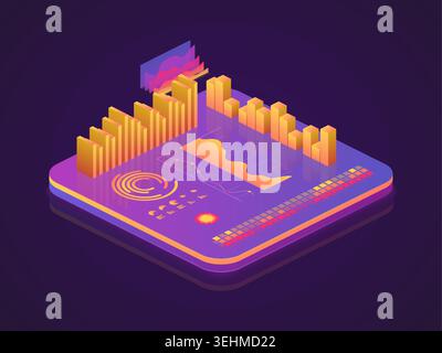Data digital. Isometric analytics dashboard. Stylized 3d interface with charts, graphs and metrics, business intelligence visualization and monitoring. Growth trend. Vector isolated illustration Stock Vector