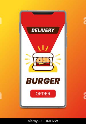 Burger delivery app screen. Mobile interface with food ordering button and meal icon, online takeaway service and digital ordering on smartphone concept vector cartoon flat style isolated illustration Stock Vector