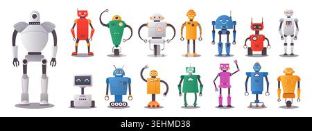 Cartoon robot characters set. Colorful mechanical humanoid figures in different shapes and poses, robotics automation and futuristic technology concept. Vector cute flat style isolated illustration Stock Vector