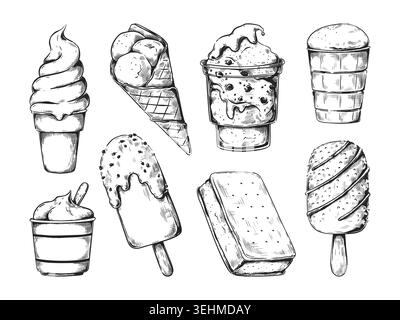 Ice cream sketch style set. Sundae cup, hand drawn dessert in bowl or glass food, waffle scoop. Served chocolate. Summer milk flavor, fruit frozen gelatos, menu elements. Vector isolated illustration Stock Vector