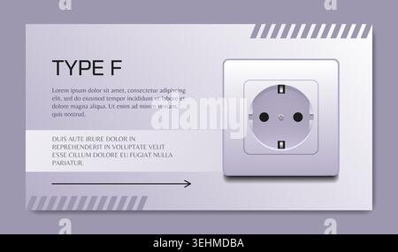 Electrical wall socket. Product card for website or catalog. Minimal brochure with copy space, home electricity connection mockup, wiring safety and interior installation. Vector isolated illustration Stock Vector