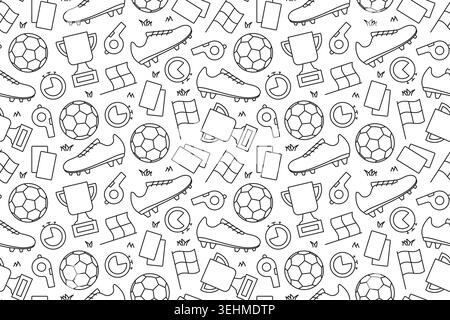soccer seamless pattern with football icons featuring ball, grass, whistle, cleats, stopwatch, corner flag and trophy, sporty background design for ba Stock Vector