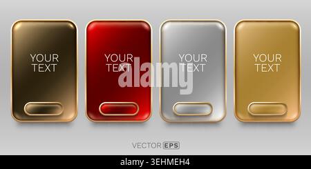 Elegant set of glossy web buttons with golden frames in metallic colors. Ideal for modern UI design. Vector illustration. Stock Vector