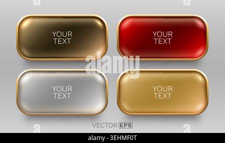 Set of glossy luxury buttons with golden frames in various colors, perfect for UI design. Vector illustration. Stock Vector