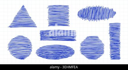 Scribbles on notebook paper. Hand drawn blue ink chaotic lines in forms of different shapes for design. Circle, square, rectangle, triangle and oval s Stock Vector