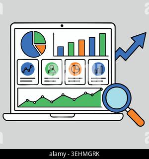 Laptop screen with online financial data analytics with flat vector illustration of computer showing statistics charts graphs and magnifying glass iso Stock Vector