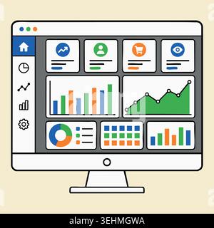 Desktop monitor with business dashboard interface with flat vector illustration of personal computer screen showing financial analytics charts statist Stock Vector