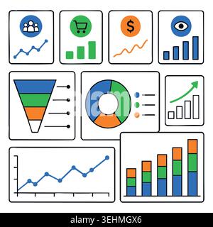 Business analytics dashboard elements set with flat vector illustrations of financial charts graphs data statistics diagrams information icons isolate Stock Vector