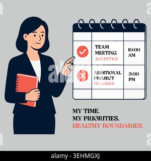 Businesswoman setting personal priority time limits with flat vector illustration of female manager writing corporate task calendar planner isolated o Stock Vector