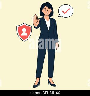 Businesswoman showing stop hand gesture for protection with flat vector illustration of female manager character with shield icon sign protecting boun Stock Vector