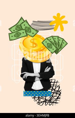 Collage of a businesswoman with arms crossed with coins and bills on a pink background Stock Photo