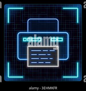 Neon blue printer icon with grid background. Document emerging from printer. Futuristic digital design. Stock Vector
