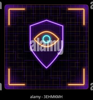 Shield eye icon, cybersecurity surveillance and data protection. Glowing neon icon with border grid vector, editable strokes graphic style. Stock Vector