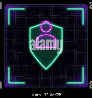 User security concept symbol, profile icon and shield illustration. Glowing neon icon with border grid vector, editable strokes graphic style. Stock Vector