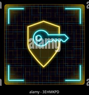 Encryption concept icon, key and shield illustration. Neon glow editable stroke icon design collection. Stock Vector