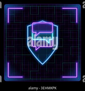 Web chat security concept symbol, shield and speech ballons illustration. Glowing neon icon with border grid vector, editable strokes graphic style. Stock Vector
