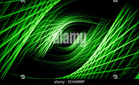 Abstract digital background of vivid green light beams forming a swirling tunnel of glowing lines and grids on a black backdrop, creating a futuristic Stock Photo