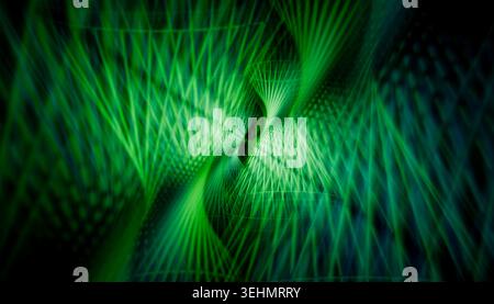 Abstract digital background of vivid green light beams forming a twisting tunnel with flowing grid lines and depth, creating a futuristic energy wave Stock Photo