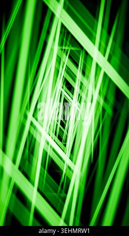 Abstract neon scene featuring green light beams forming a glowing geometric tunnel on dark background, with dynamic motion blur and futuristic energy Stock Photo
