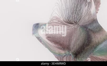 Abstract 3D render showing flowing hair-like strands forming a delicate wave on a clean white background, with subtle pastel gradients and fine textur Stock Photo