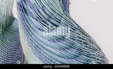 Abstract 3D render showing flowing hair-like metallic strands forming layered waves and curves, with cool blue and silver tones, creating a futuristic Stock Photo